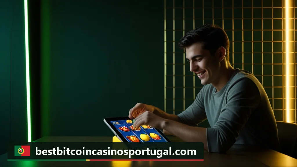 Jogador com um tablet à mesa da cozinha e uma slot clássica no ecrã
